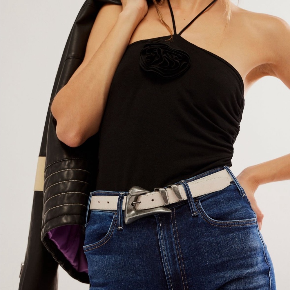 Free People Cream Leather Belt with Silver Pyramid Buckle